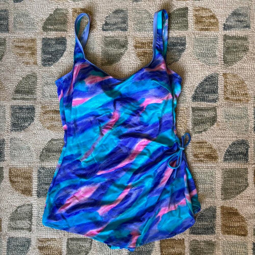 Vintage Blue, Purple & Pink Tie-Dye One-Piece Swimsuit with Integrated Skirt